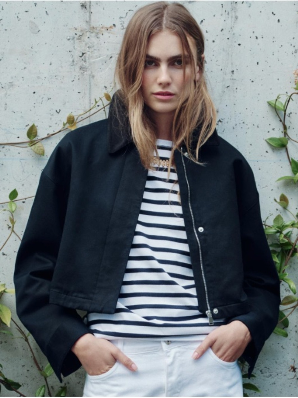 Zara Black Zip-Front Coat with Corduroy Collar
